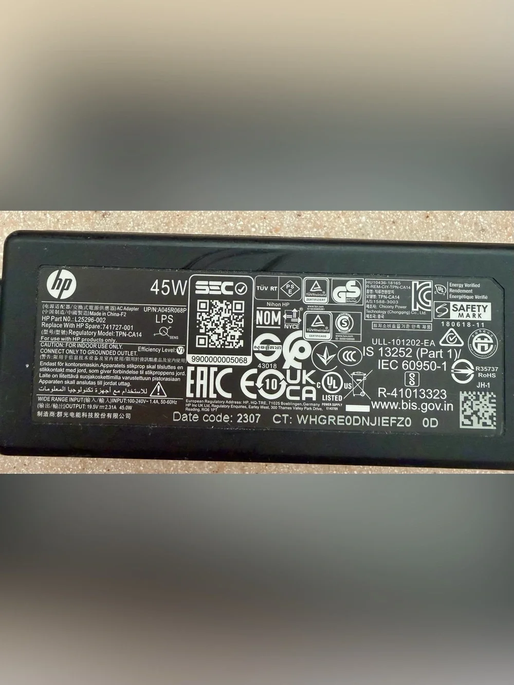 HP 45W Black Laptop Power Adapter Charger